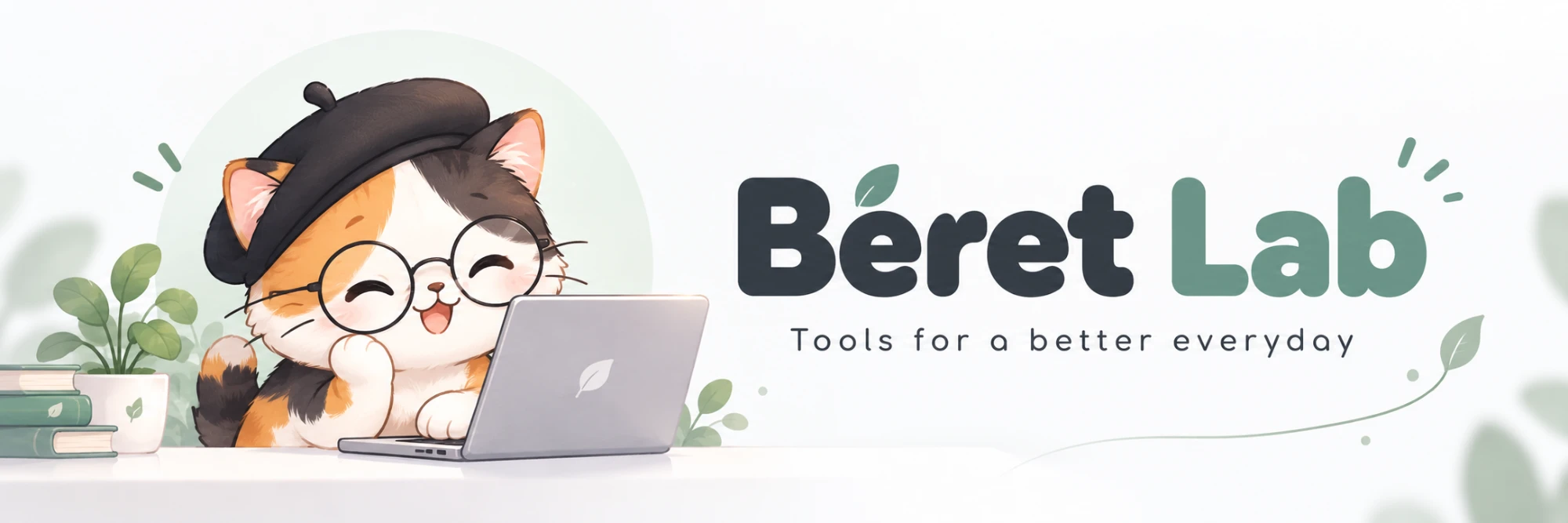 Béret Lab — Tools for a better everyday（ベレー帽をかぶった三毛猫がノートPCを使っているイラスト）